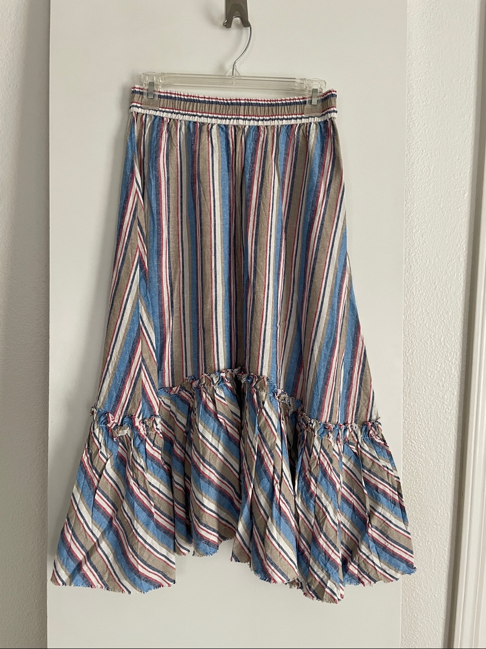 Scoop-Linen Blend A Line Midi Skirt Coastal Casual Raw Hem Ivory,Blue NWOT